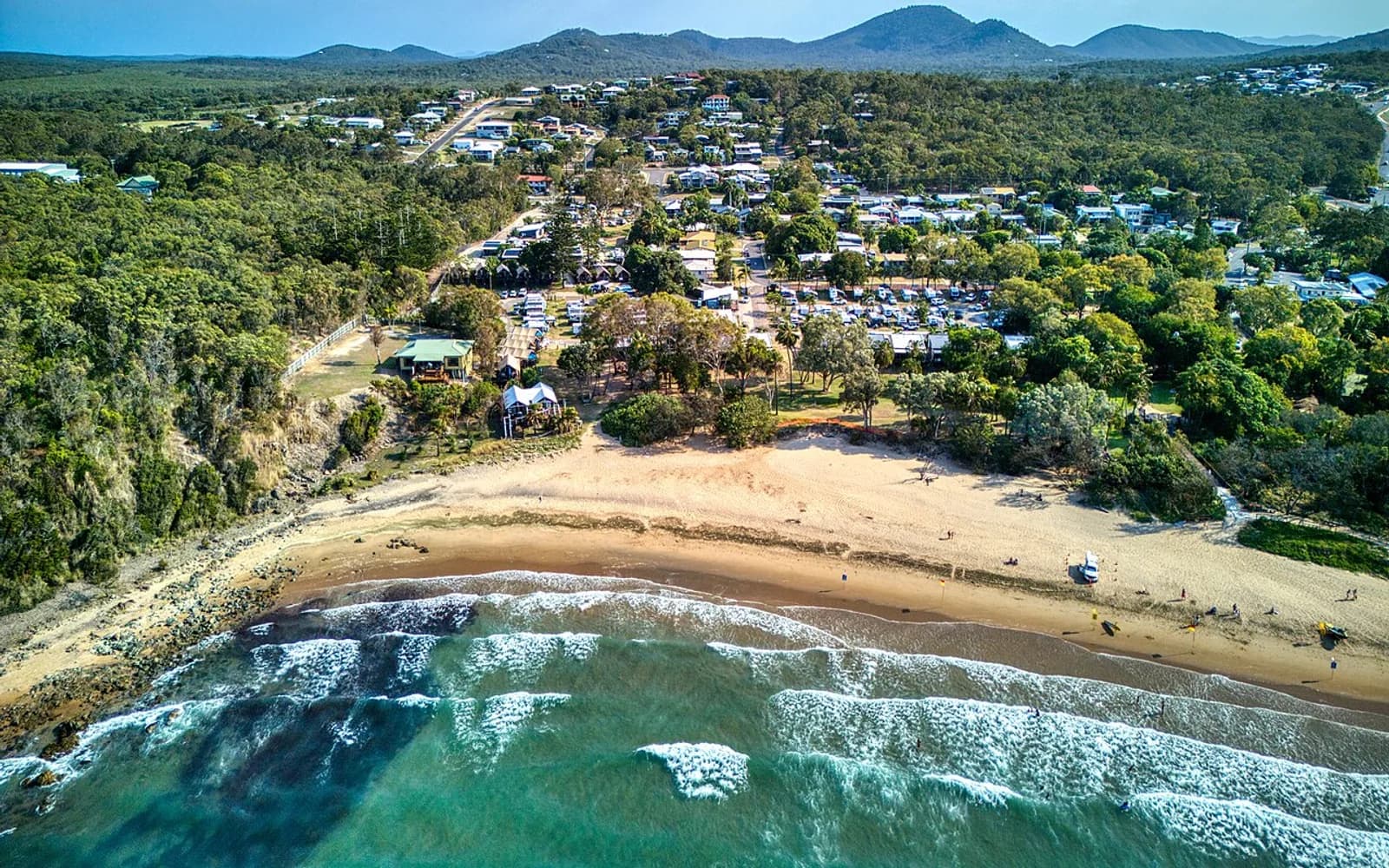 Agnes Water beach and coastal township from above
